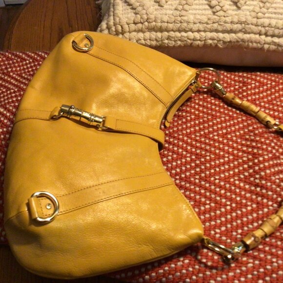 Banana Republic Yellow Genuine Cow Leather Purse - Bamboo Handle lock on front - Picture 2 of 6